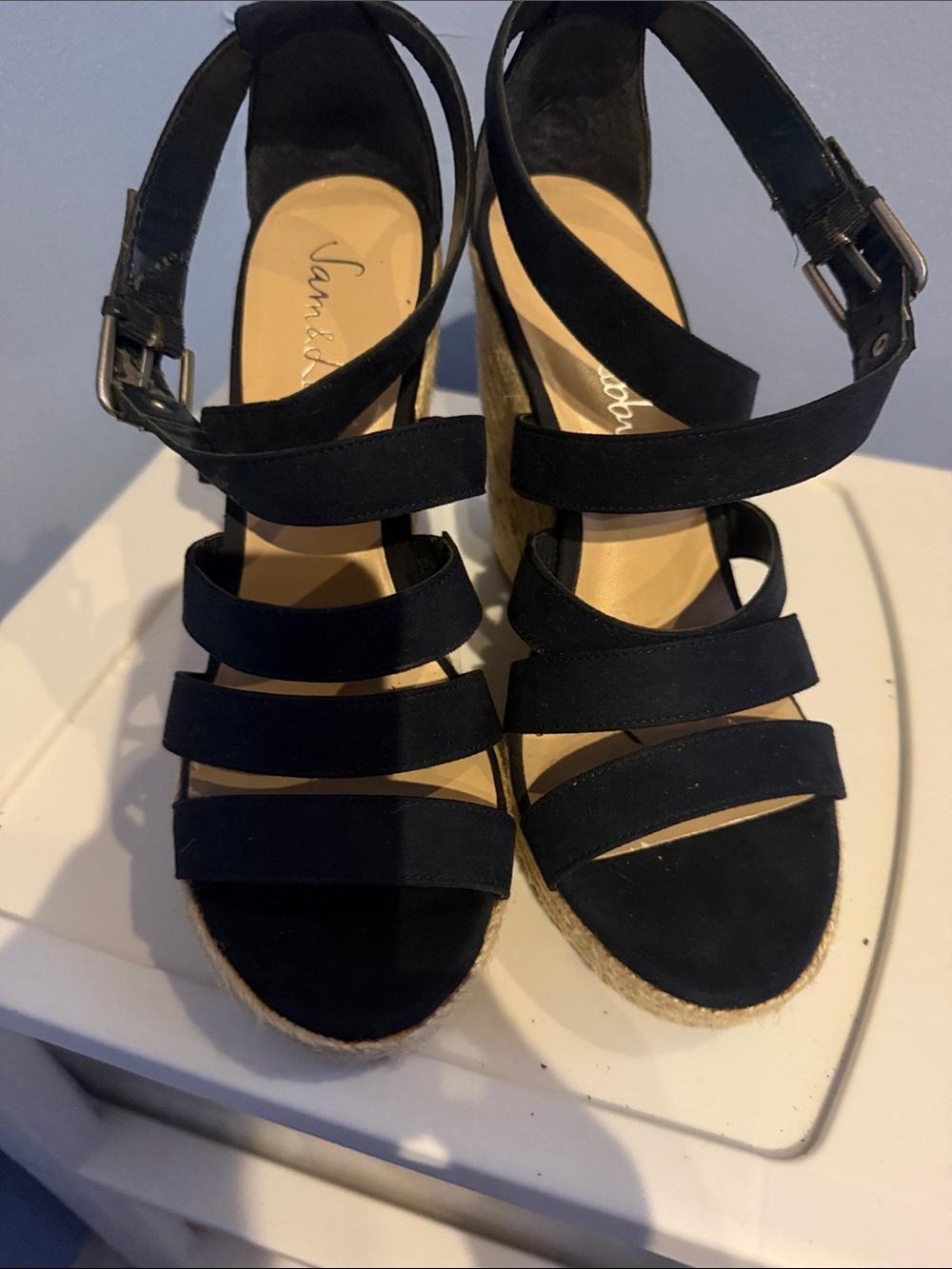 Sam & Libby Black Multi-Strap Espadrille Wedge Sandals with Buckle